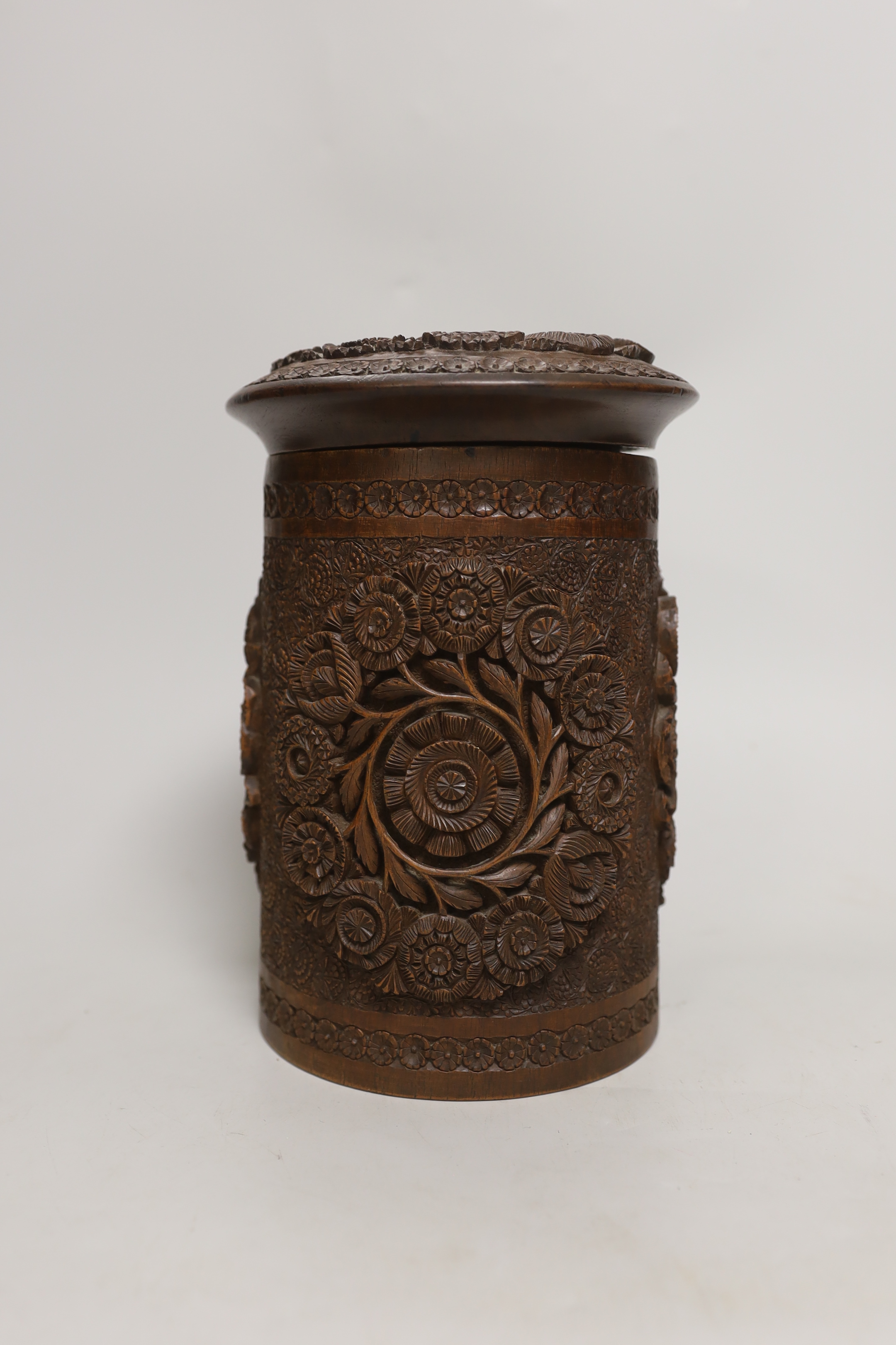 An Indian carved wood humidor and two Chinese brass mounted boxes, tallest 22cm high